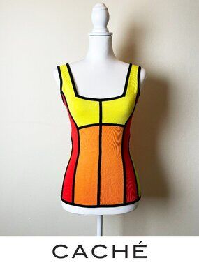 Rare Caché Colorblock Bandage VIntage Knit Neon Tank Top Small EUC